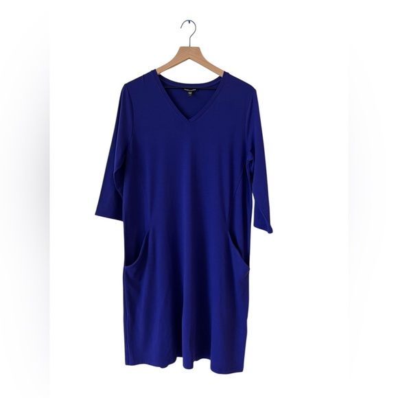 Eileen Fisher Cobalt Blue V-neck A-line Knee Length Jersey Knit Dress Size M - Picture 2 of 10